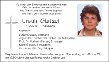 Traueranzeige von Ursula Glatzel von Mittelbayerische Zeitung Regensburg