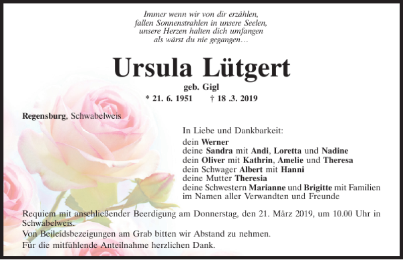  Traueranzeige für Ursula Lütgert vom 20.03.2019 aus Mittelbayerische Zeitung Regensburg