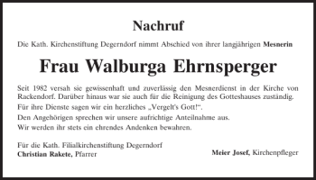 Traueranzeige von Walburga Ehrnsperger von Neumarkter Tagblatt