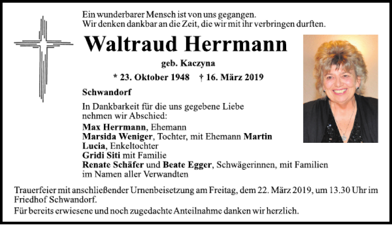  Traueranzeige für Waltraud Herrmann vom 19.03.2019 aus Mittelbayerische Zeitung Schwandorf