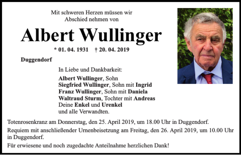  Traueranzeige für Albert Wullinger vom 24.04.2019 aus Mittelbayerische Zeitung Regensburg