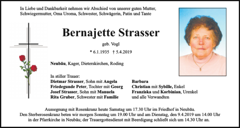  Traueranzeige für Bernajette Strasser vom 06.04.2019 aus Bayerwald Echo