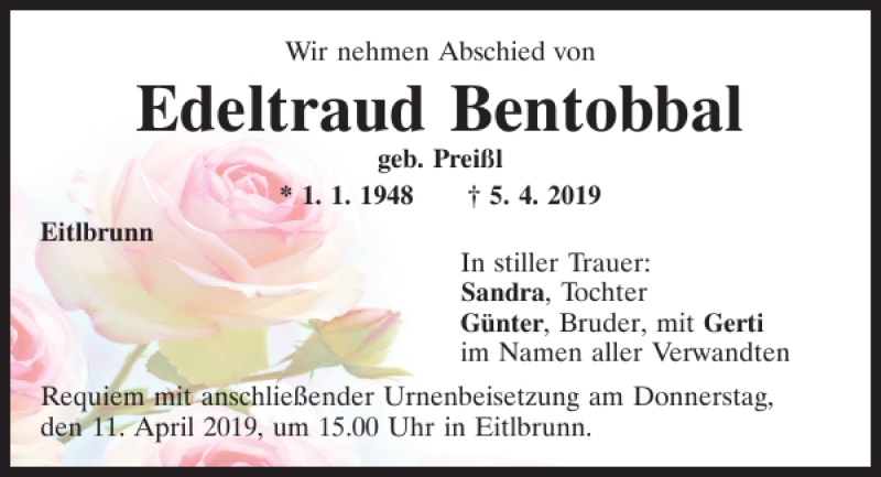  Traueranzeige für Edeltraud Bentobbal vom 09.04.2019 aus Mittelbayerische Zeitung Regensburg