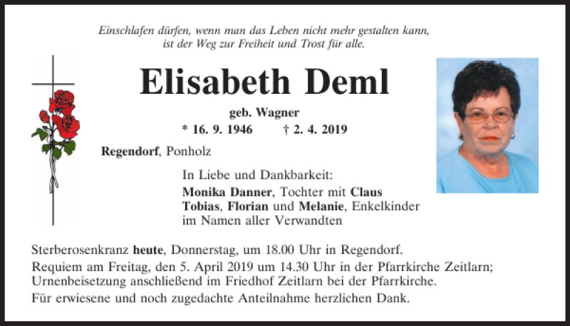  Traueranzeige für Elisabeth Deml vom 04.04.2019 aus Mittelbayerische Zeitung Regensburg