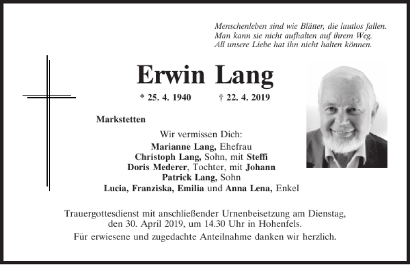  Traueranzeige für Erwin Lang vom 27.04.2019 aus Neumarkter Tagblatt