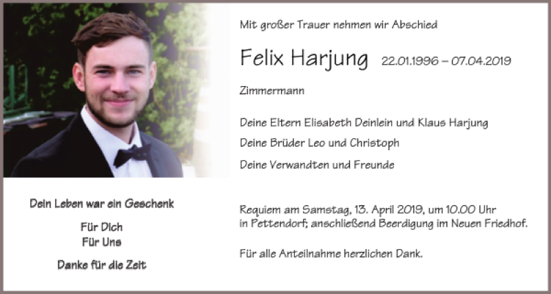  Traueranzeige für Felix Harjung vom 11.04.2019 aus Mittelbayerische Zeitung Regensburg