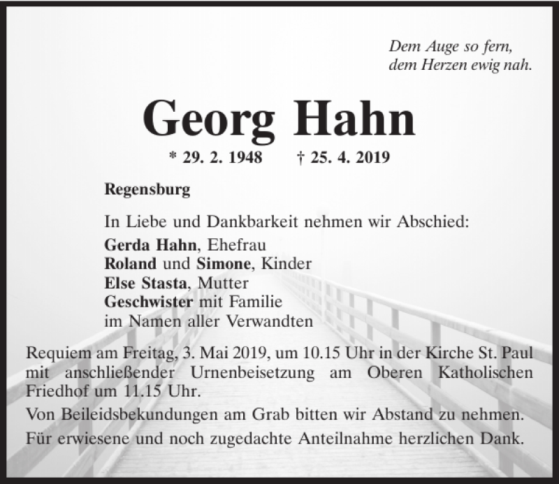  Traueranzeige für Georg Hahn vom 30.04.2019 aus Mittelbayerische Zeitung Regensburg