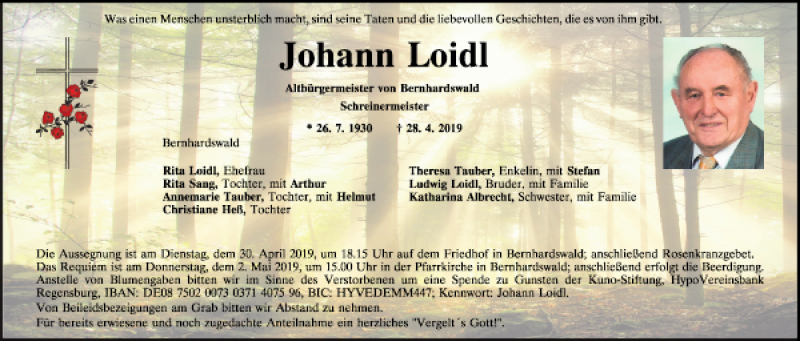  Traueranzeige für Johann Loidl vom 30.04.2019 aus Mittelbayerische Zeitung Regensburg