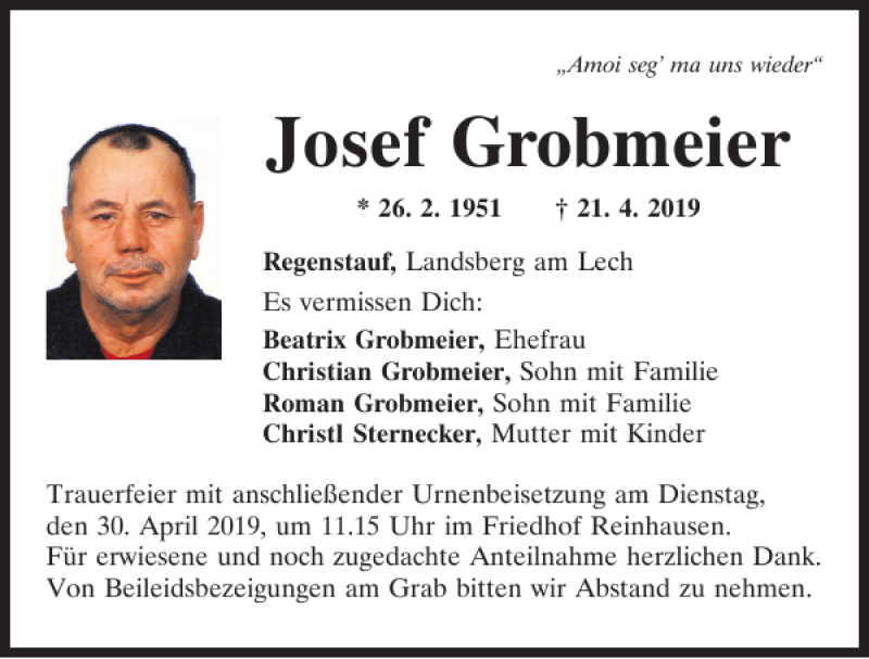  Traueranzeige für Josef Grobmeier vom 27.04.2019 aus Mittelbayerische Zeitung Regensburg