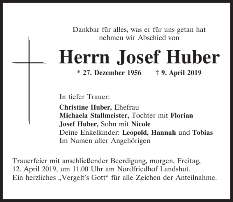  Traueranzeige für Josef Huber vom 11.04.2019 aus Mittelbayerische Zeitung Kelheim