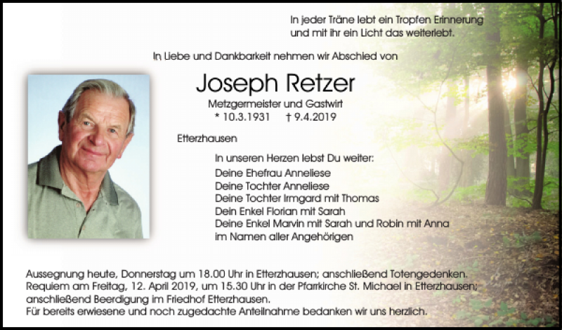  Traueranzeige für Joseph Retzer vom 11.04.2019 aus Mittelbayerische Zeitung Regensburg