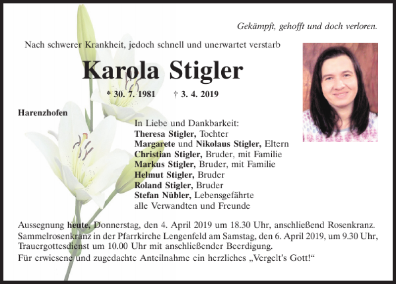  Traueranzeige für Karola Stiegler vom 04.04.2019 aus Neumarkter Tagblatt