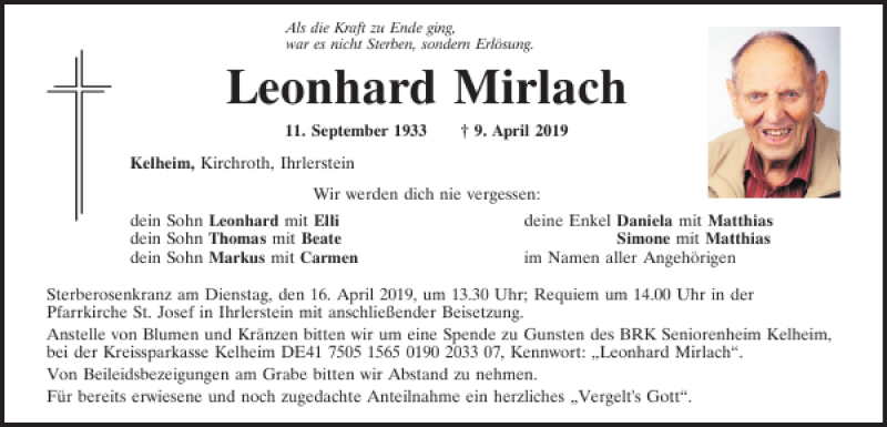  Traueranzeige für Leonhard Mirlach vom 13.04.2019 aus Mittelbayerische Zeitung Kelheim