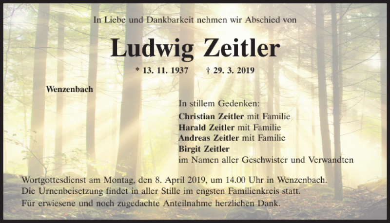  Traueranzeige für Ludwig Zeitler vom 06.04.2019 aus Mittelbayerische Zeitung Regensburg