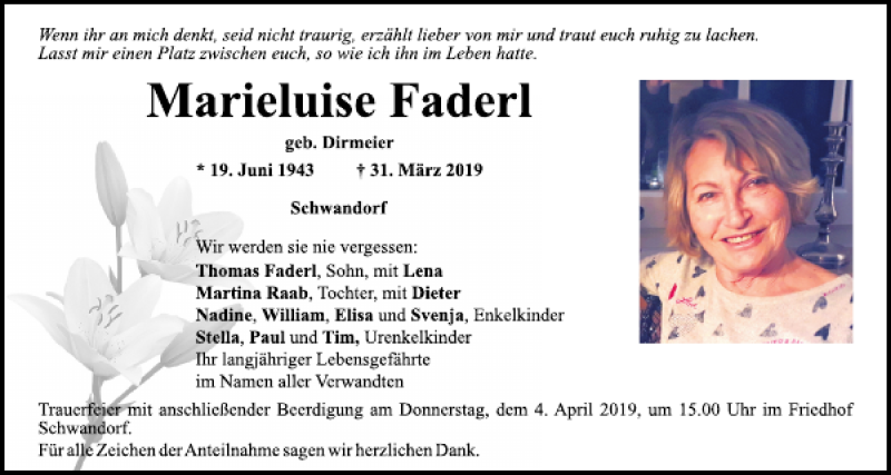  Traueranzeige für Marieluise Faderl vom 03.04.2019 aus Mittelbayerische Zeitung Schwandorf