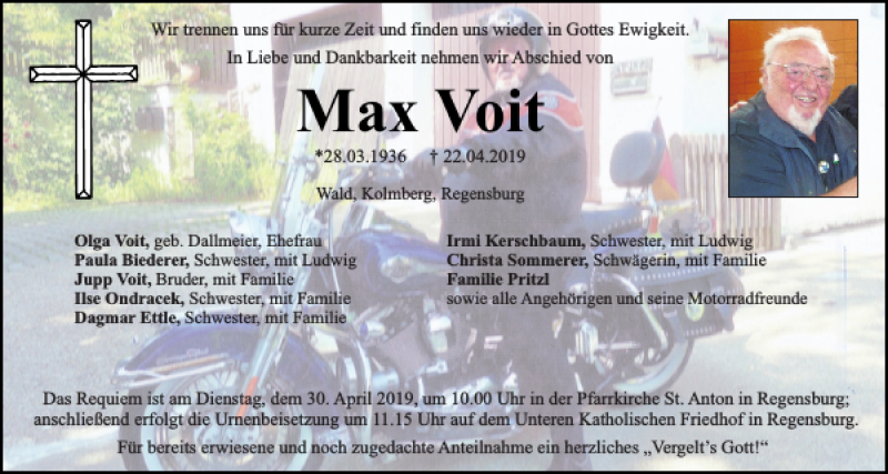  Traueranzeige für Max Voit vom 27.04.2019 aus Mittelbayerische Zeitung Regensburg