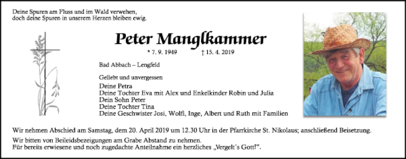  Traueranzeige für Peter Manglkammer vom 18.04.2019 aus Mittelbayerische Zeitung Regensburg