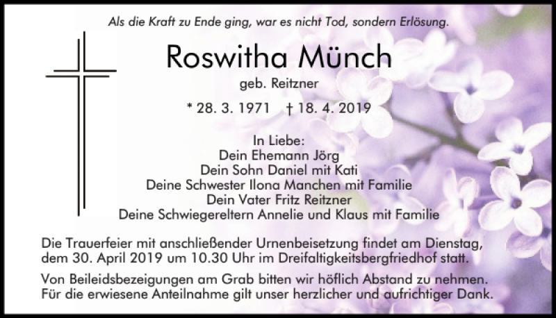  Traueranzeige für Roswitha Münch vom 27.04.2019 aus Mittelbayerische Zeitung Regensburg