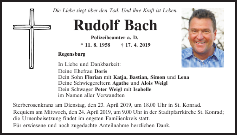  Traueranzeige für Rudolf Bach vom 20.04.2019 aus Mittelbayerische Zeitung Regensburg