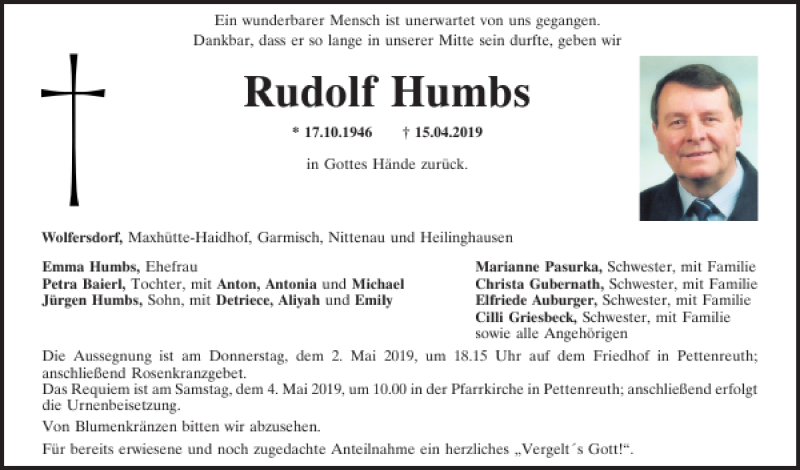  Traueranzeige für Rudolf Humbs vom 30.04.2019 aus Mittelbayerische Zeitung Regensburg