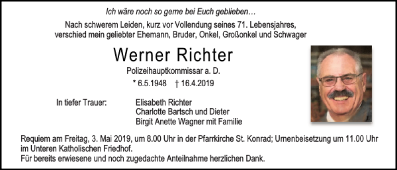  Traueranzeige für Werner Richter vom 30.04.2019 aus Mittelbayerische Zeitung Regensburg