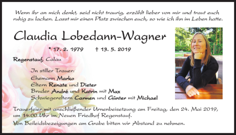  Traueranzeige für Claudia Lobedann-Wagner vom 18.05.2019 aus Mittelbayerische Zeitung Regensburg