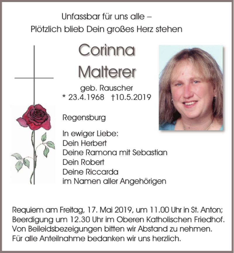  Traueranzeige für Corinna Malterer vom 15.05.2019 aus Mittelbayerische Zeitung Regensburg