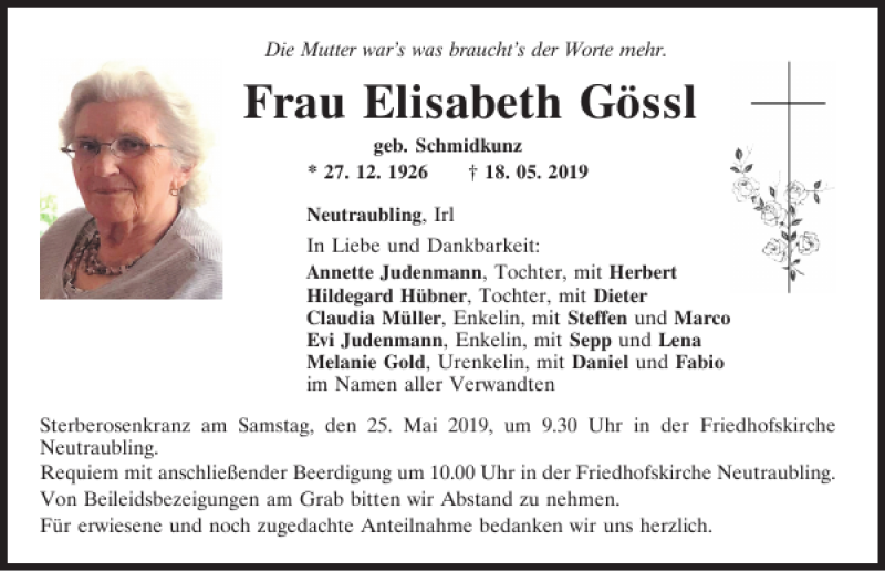 Traueranzeigen von Elisabeth Gössl | Mittelbayerische Trauer