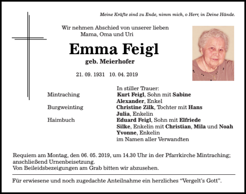 Traueranzeigen von Emma Feigl | Mittelbayerische Trauer