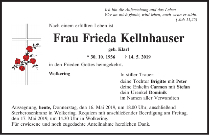  Traueranzeige für Frieda Kellnhauser vom 16.05.2019 aus Mittelbayerische Zeitung Regensburg