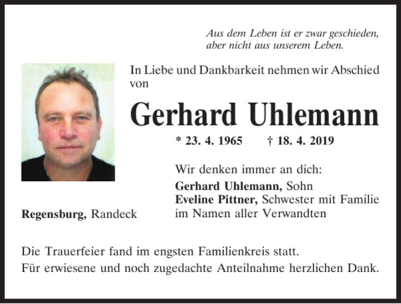  Traueranzeige für Gerhard Uhlemann vom 04.05.2019 aus Mittelbayerische Zeitung Kelheim