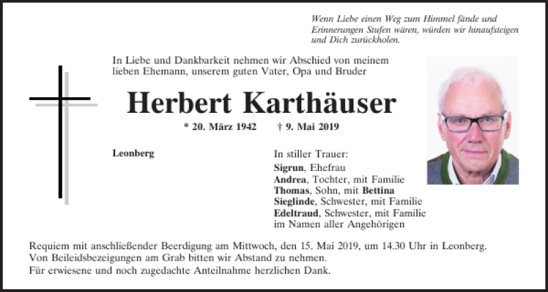  Traueranzeige für Herbert Karthäuser vom 11.05.2019 aus Mittelbayerische Zeitung Schwandorf