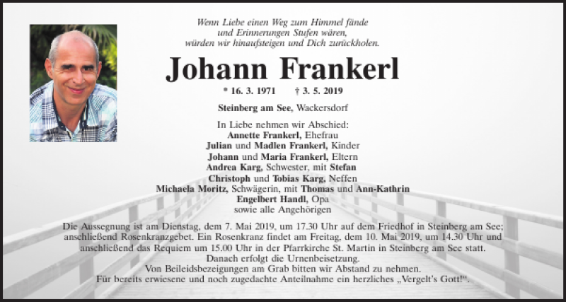  Traueranzeige für Johann Frankerl vom 06.05.2019 aus Mittelbayerische Zeitung Schwandorf