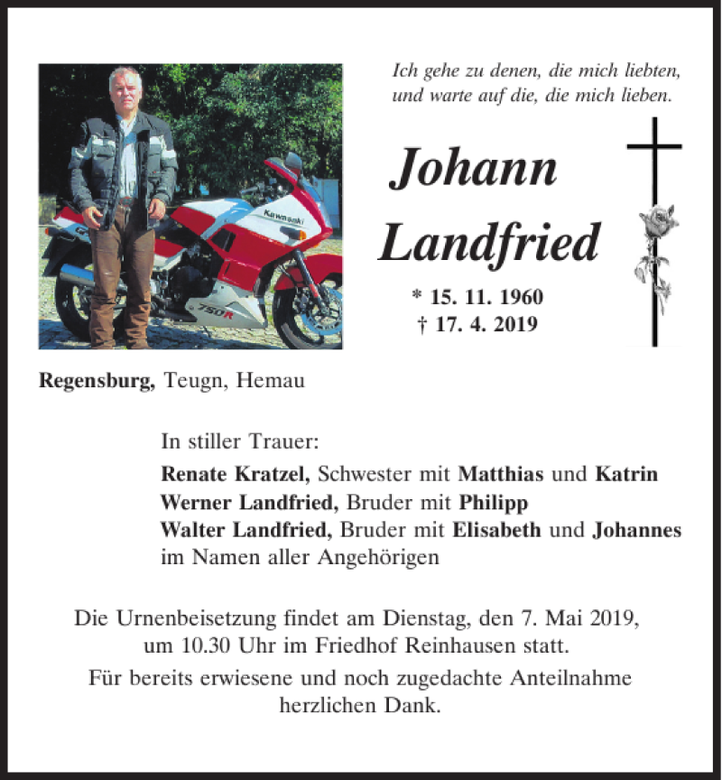  Traueranzeige für Johann Landfried vom 04.05.2019 aus Mittelbayerische Zeitung Regensburg