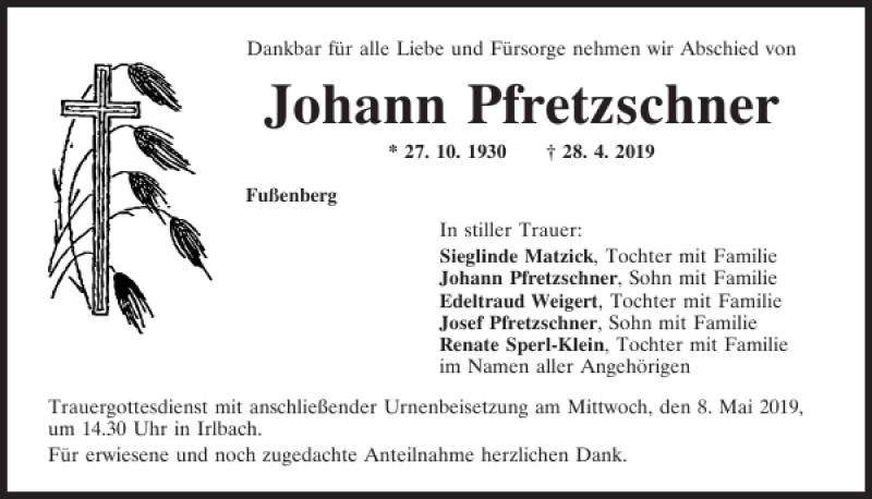  Traueranzeige für Johann Pfretzschner vom 04.05.2019 aus Mittelbayerische Zeitung Regensburg