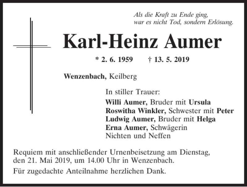  Traueranzeige für Karl-Heinz Aumer vom 18.05.2019 aus Mittelbayerische Zeitung Regensburg