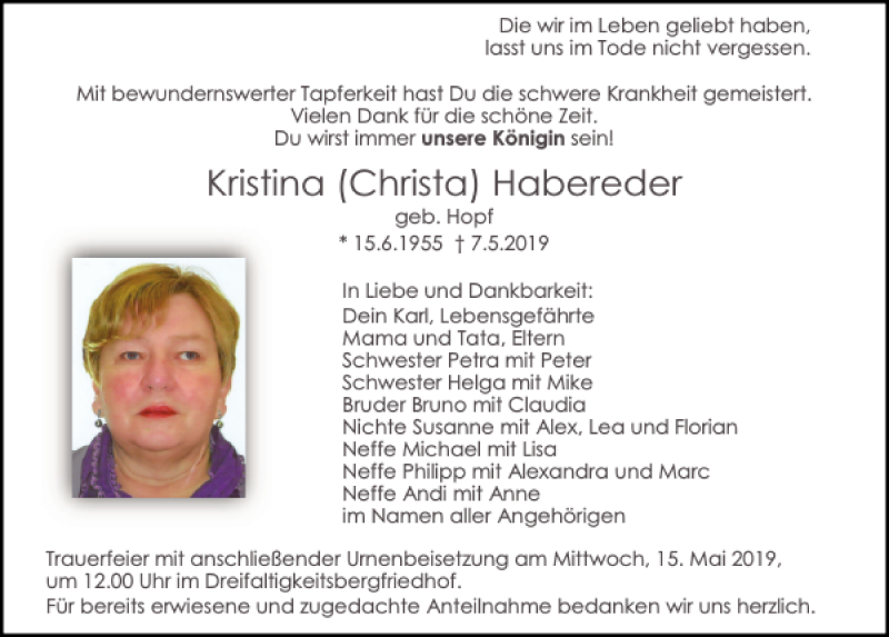  Traueranzeige für Kristina (Christa) Habereder vom 11.05.2019 aus Mittelbayerische Zeitung Regensburg