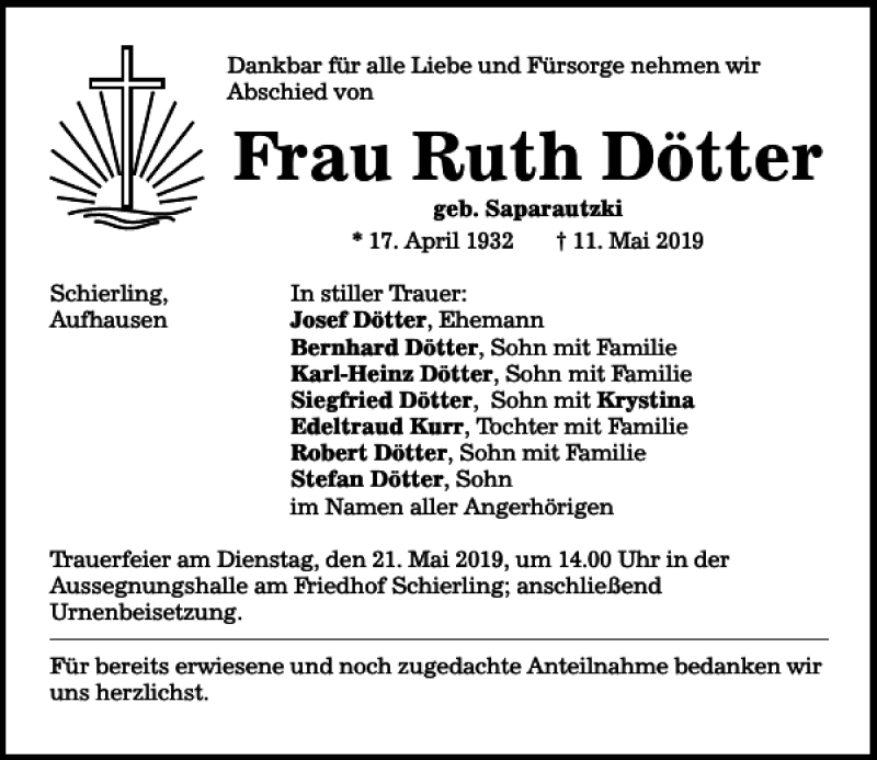  Traueranzeige für Ruth Dötter vom 18.05.2019 aus Mittelbayerische Zeitung Regensburg