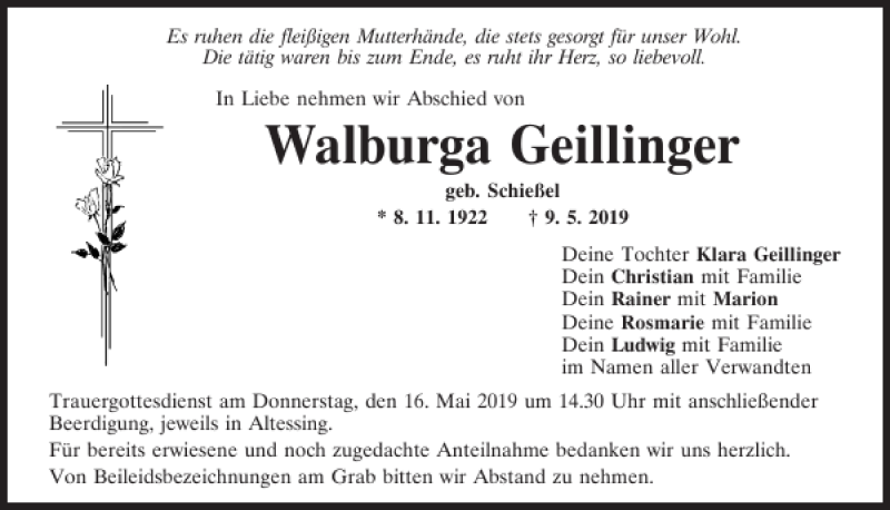  Traueranzeige für Walburga Geillinger vom 11.05.2019 aus Mittelbayerische Zeitung Kelheim