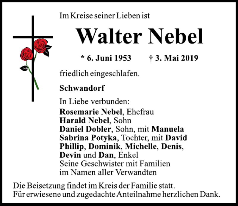  Traueranzeige für Walter Nebel vom 07.05.2019 aus Mittelbayerische Zeitung Schwandorf