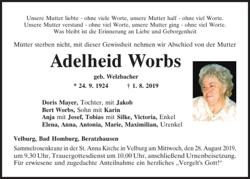Traueranzeigen Von Adelheid Worbs Mittelbayerische Trauer