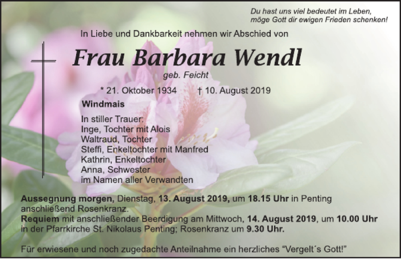  Traueranzeige für Barbara Wendl vom 12.08.2019 aus Mittelbayerische Zeitung Schwandorf