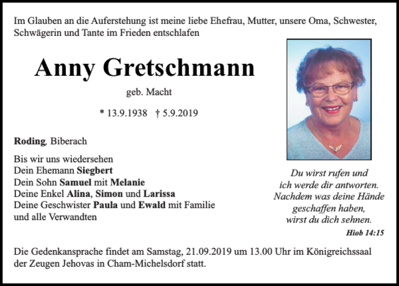 Traueranzeigen von Anny Gretschmann | Mittelbayerische Trauer