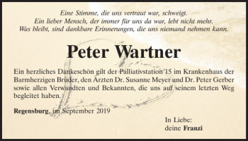 Traueranzeige von Peter Wartner von Mittelbayerische Zeitung Regensburg