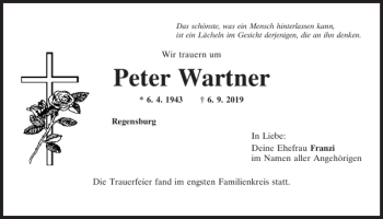 Traueranzeige von Peter Wartner von Mittelbayerische Zeitung Regensburg