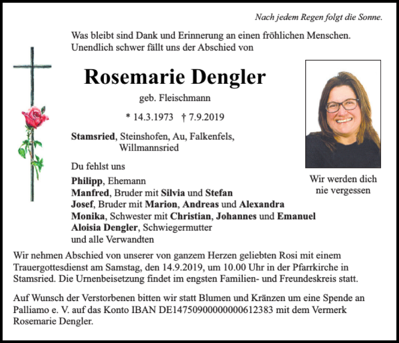 Traueranzeigen von Rosemarie Dengler | Mittelbayerische Trauer
