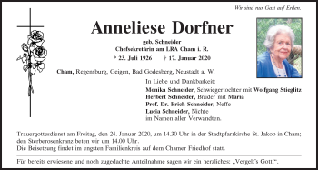 Traueranzeige von Anneliese Dorfner von Bayerwald Echo