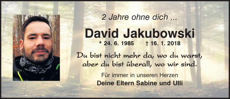  Traueranzeige für David Jakubowski vom 16.01.2020 aus Mittelbayerische Zeitung Kelheim