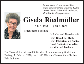 Traueranzeige von Gisela Riedmüller von Mittelbayerische Zeitung Regensburg