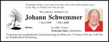 Traueranzeige von Johann Schwemmer von Mittelbayerische Zeitung Schwandorf